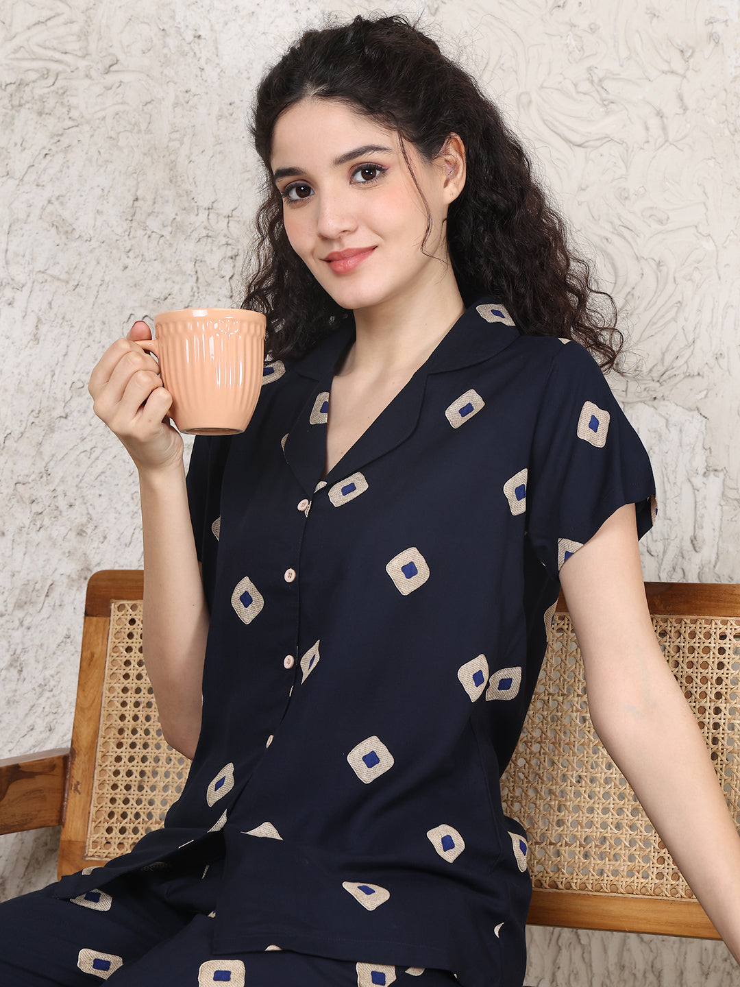 Navy Blue Viscose Rayon Abstract Night Suit for Women | Claura