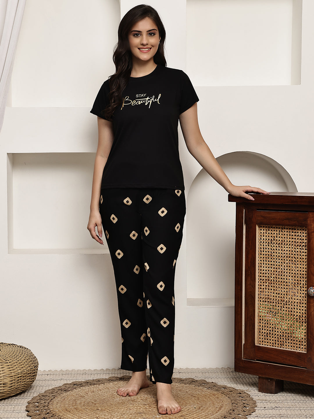 Woman wearing Black Printed Night Suit
