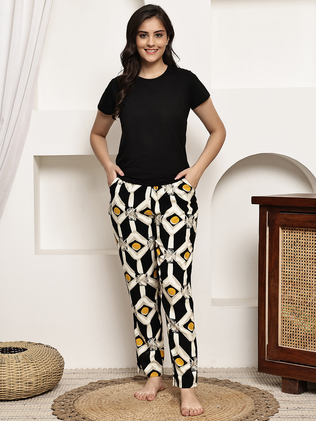 Black cotton night suit and matching pants

