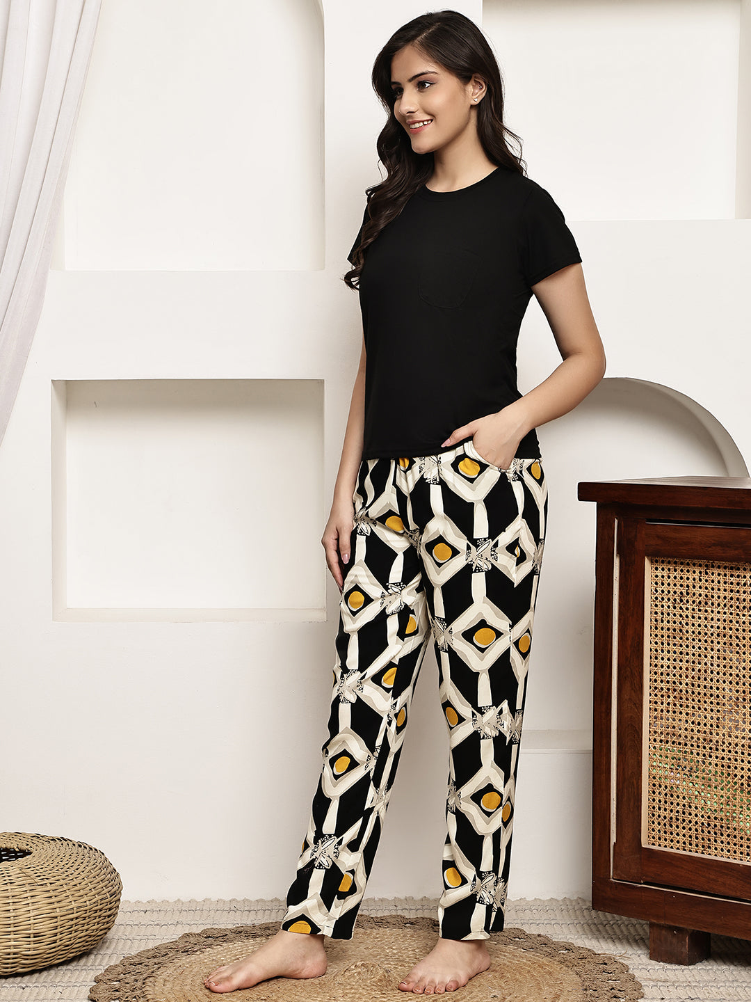 Black Cotton Abstract Printed Night Suit for Women | Claura