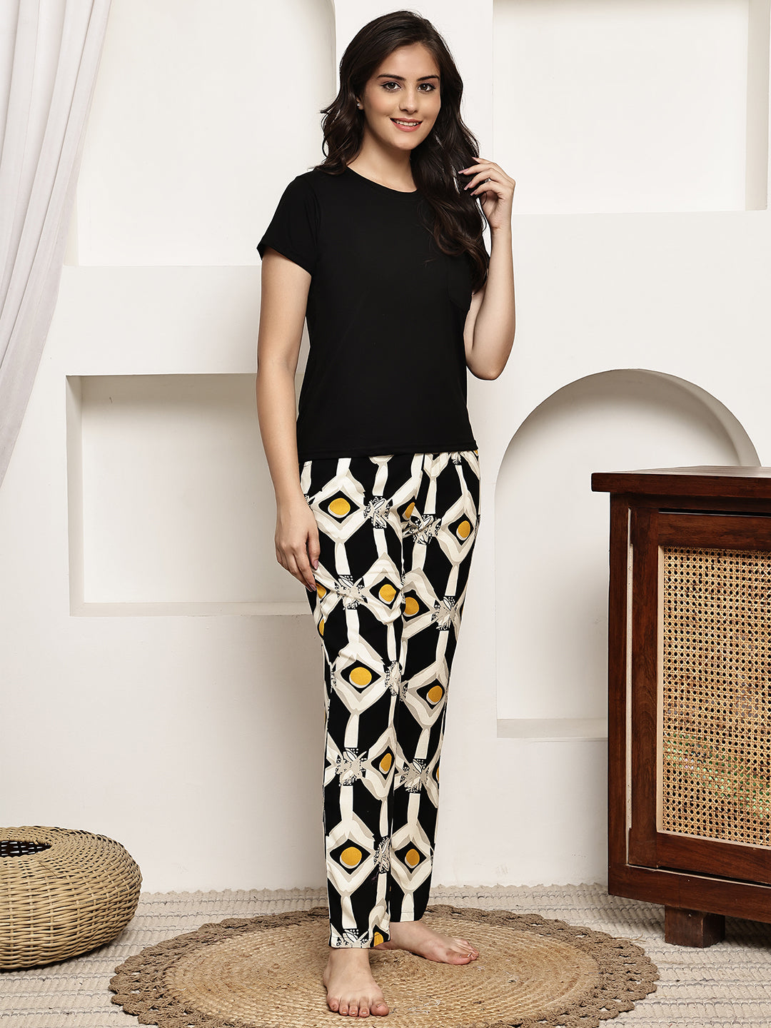 Black Cotton Abstract Printed Night Suit for Women | Claura