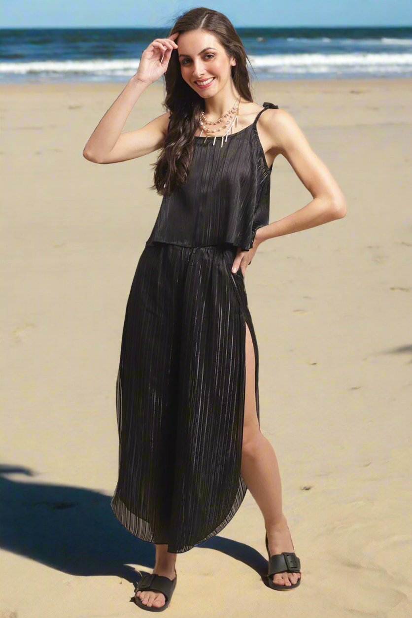 Woman wearing Black Solid Beach Dress for Women