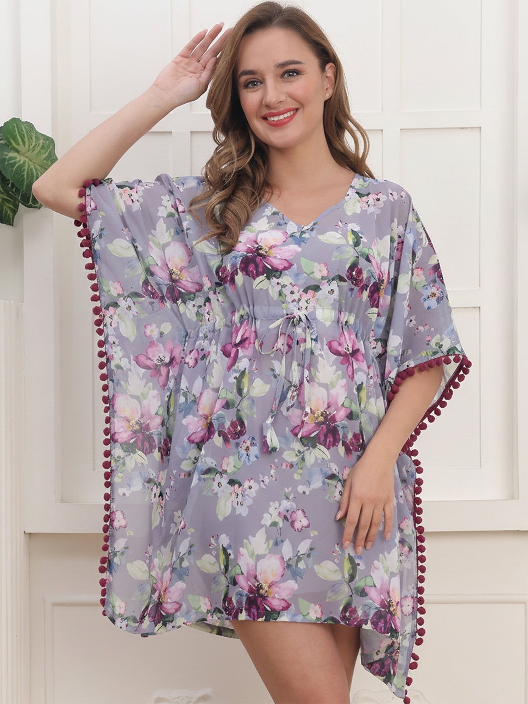 Grey Color Floral Printed Georgette Swimwear Cover up Top For Woman