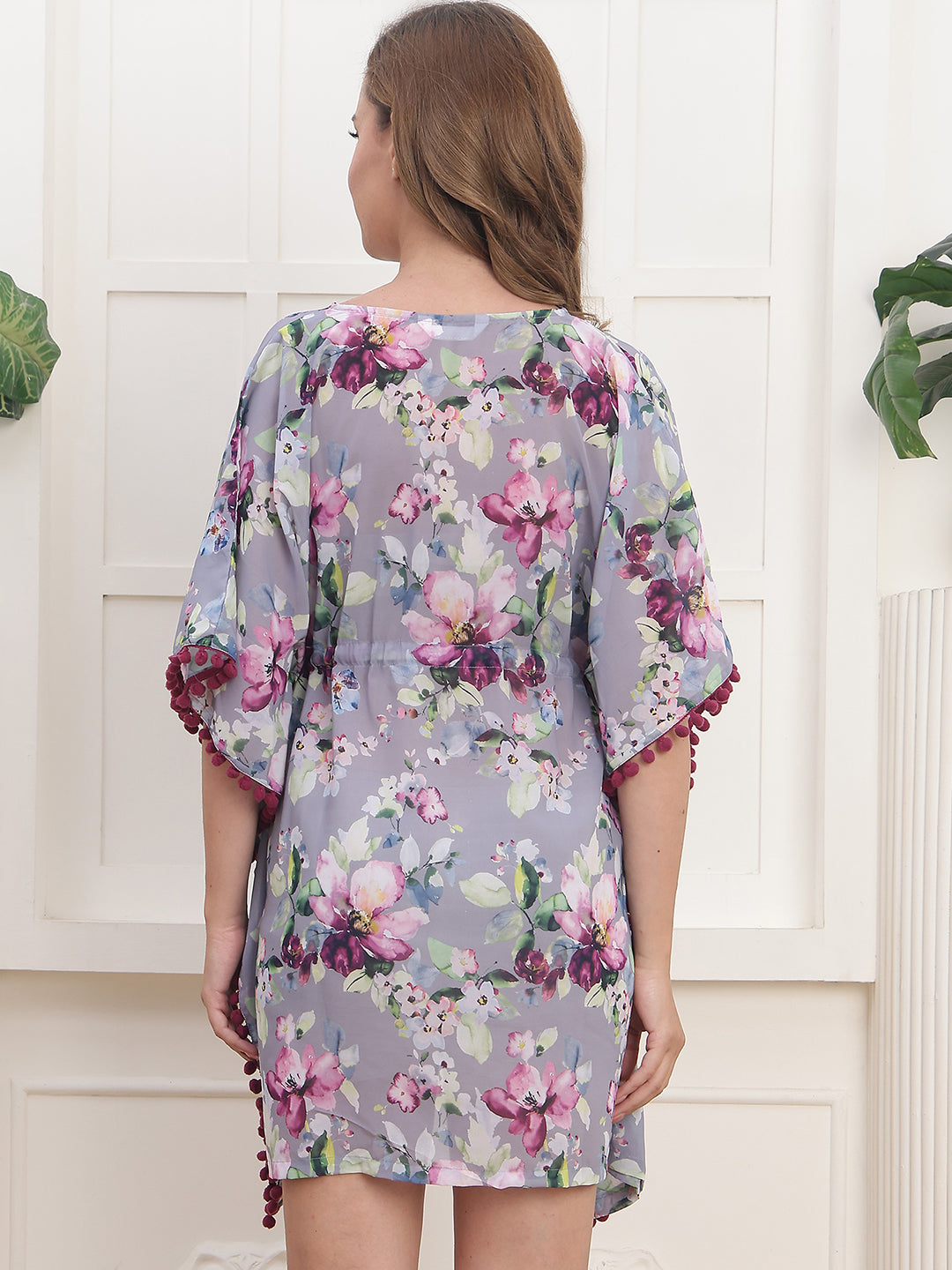 Grey Color Floral Printed Georgette Swimwear Cover up Top For Woman