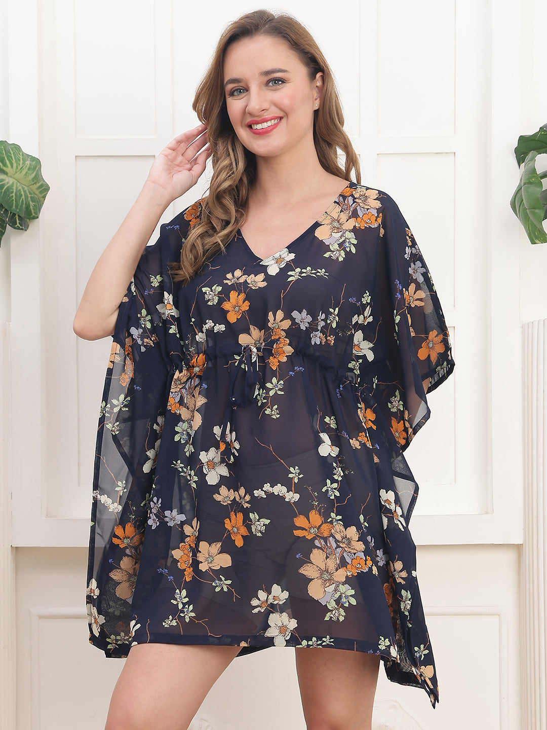 Navy Color Floral Printed Georgette Swimwear Cover up Top For Woman