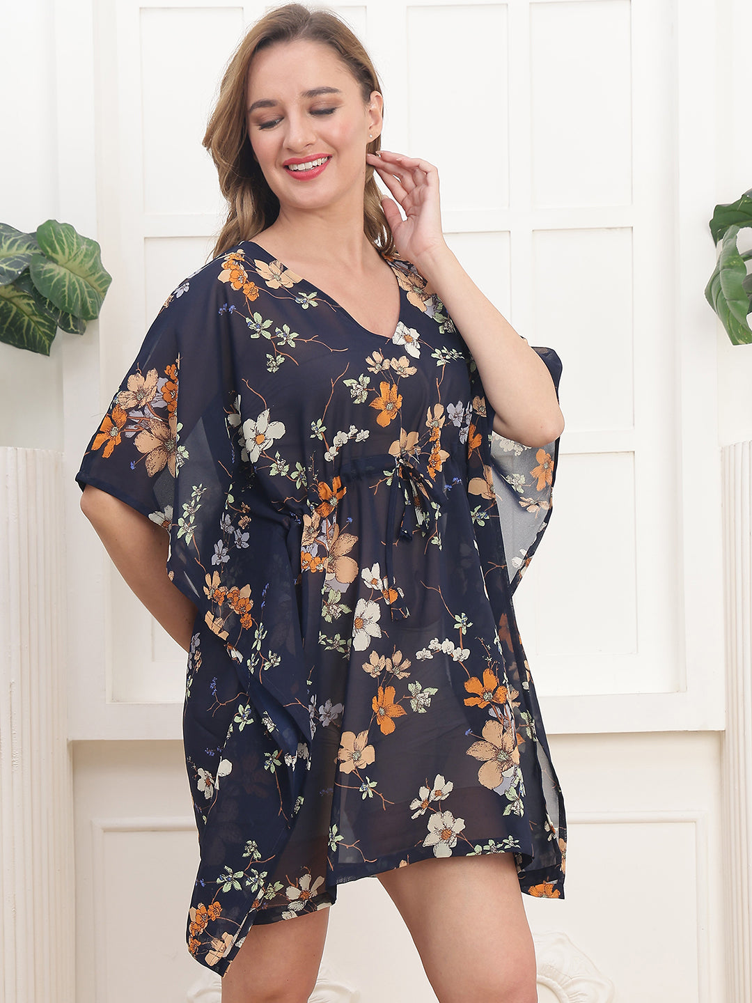 Navy Color Floral Printed Georgette Swimwear Cover up Top For Woman