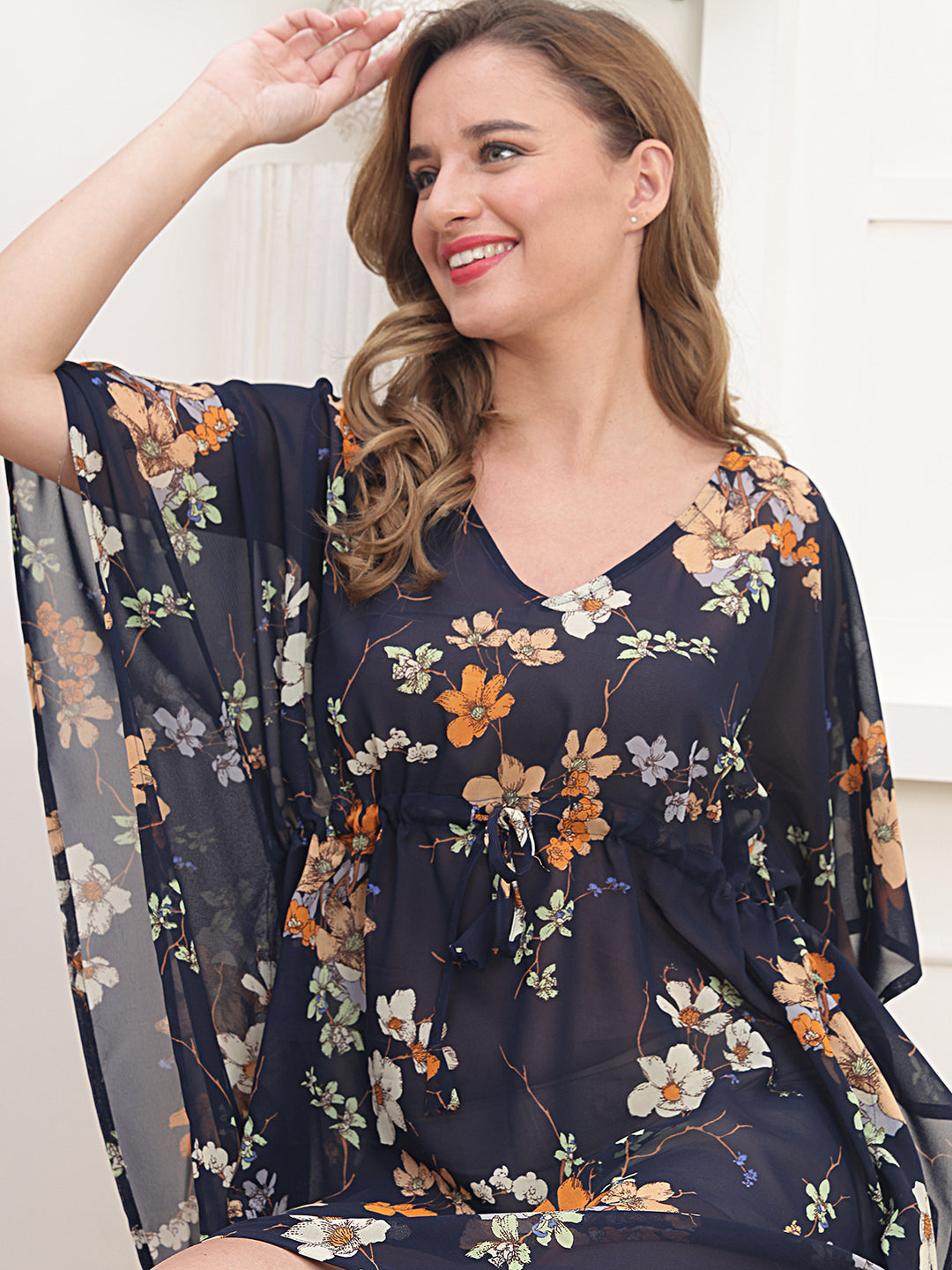 Navy Color Floral Printed Georgette Swimwear Cover up Top For Woman