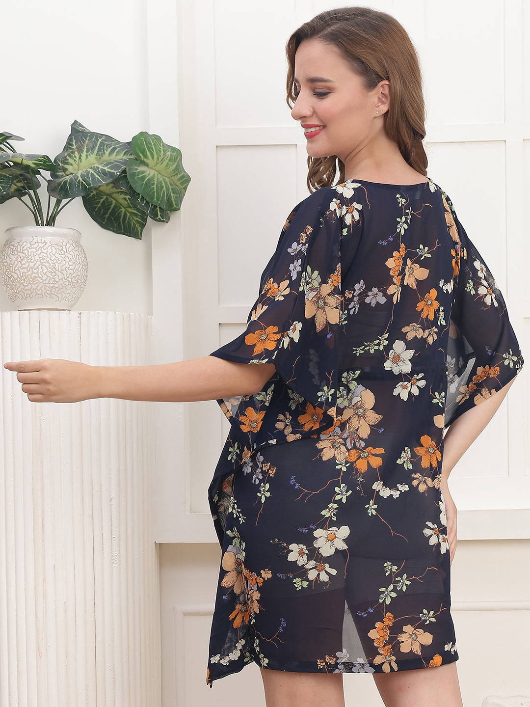 Navy Color Floral Printed Georgette Swimwear Cover up Top For Woman