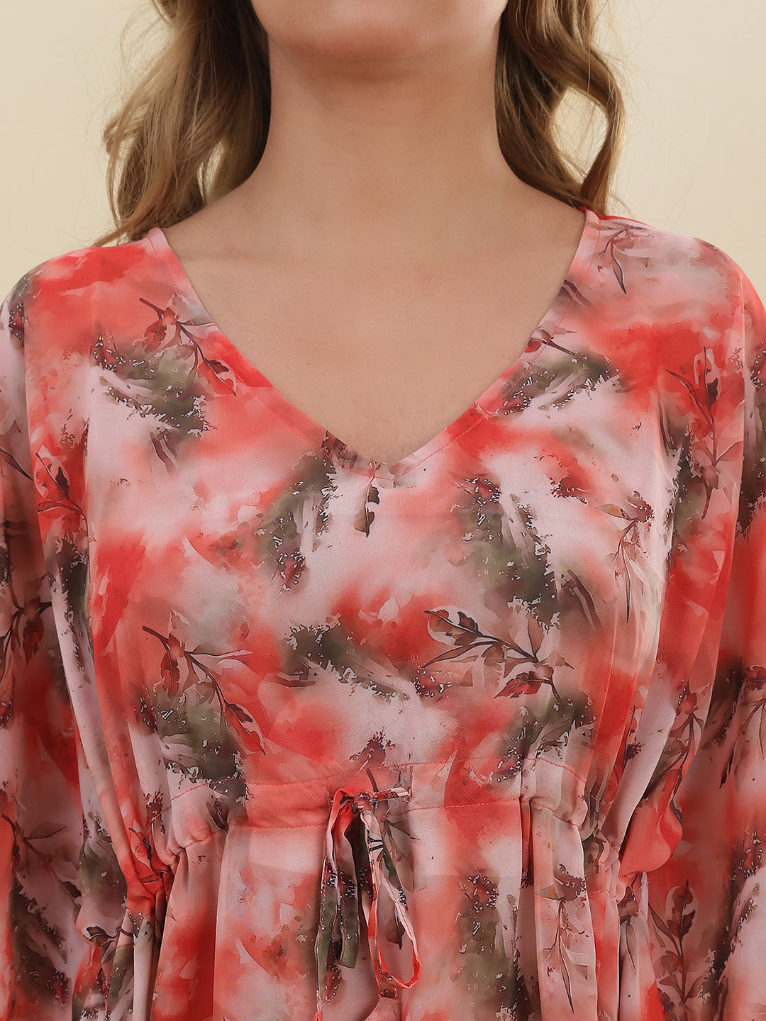 Red Color Floral Printed Georgette Swimwear Cover up Top For Woman