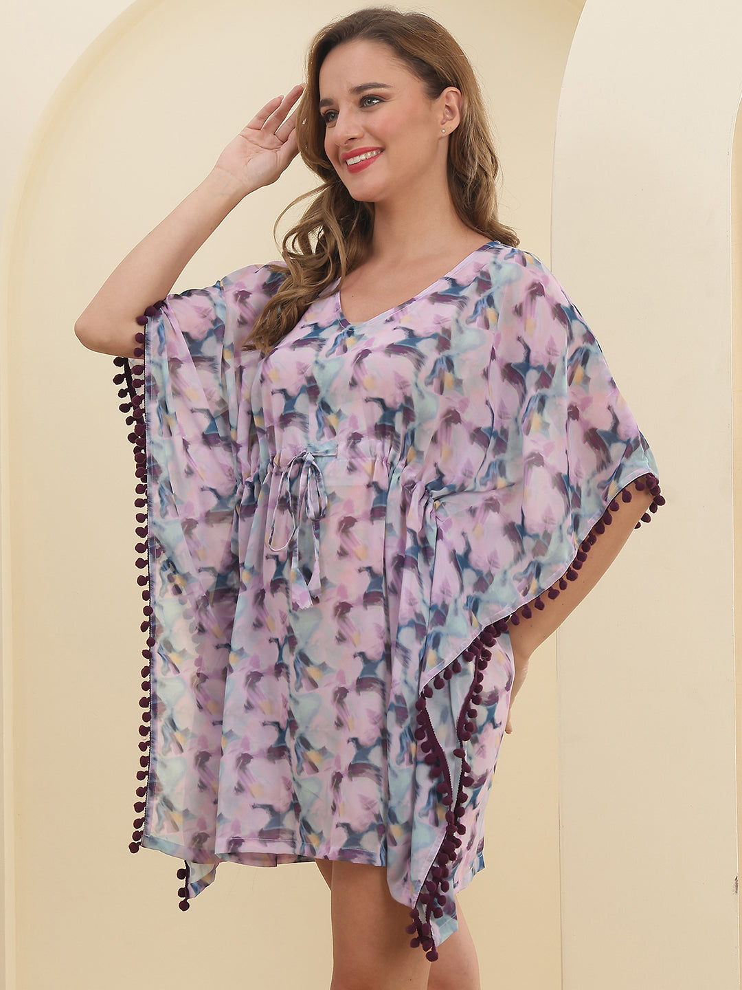 Purple Floral Printed Georgette Swimwear Cover up Top