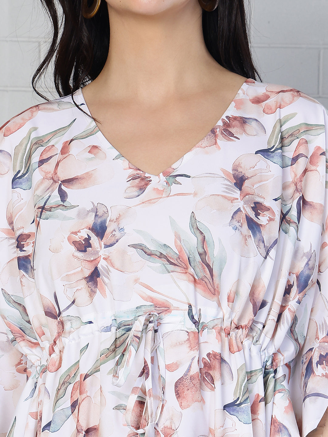 White Floral Printed Polyester V-Neck Beach Cover Up For Women | Claura