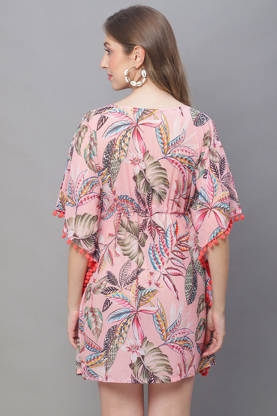 Pink Color Tropical Printed Georgette Beachwear Cover up Kaftan Claura Designs Pvt. Ltd. Kaftan Beachwear, Free Size, Georgette, kaftan, kaftan_freesize, Pink, Printed, Swimwear, tropical
