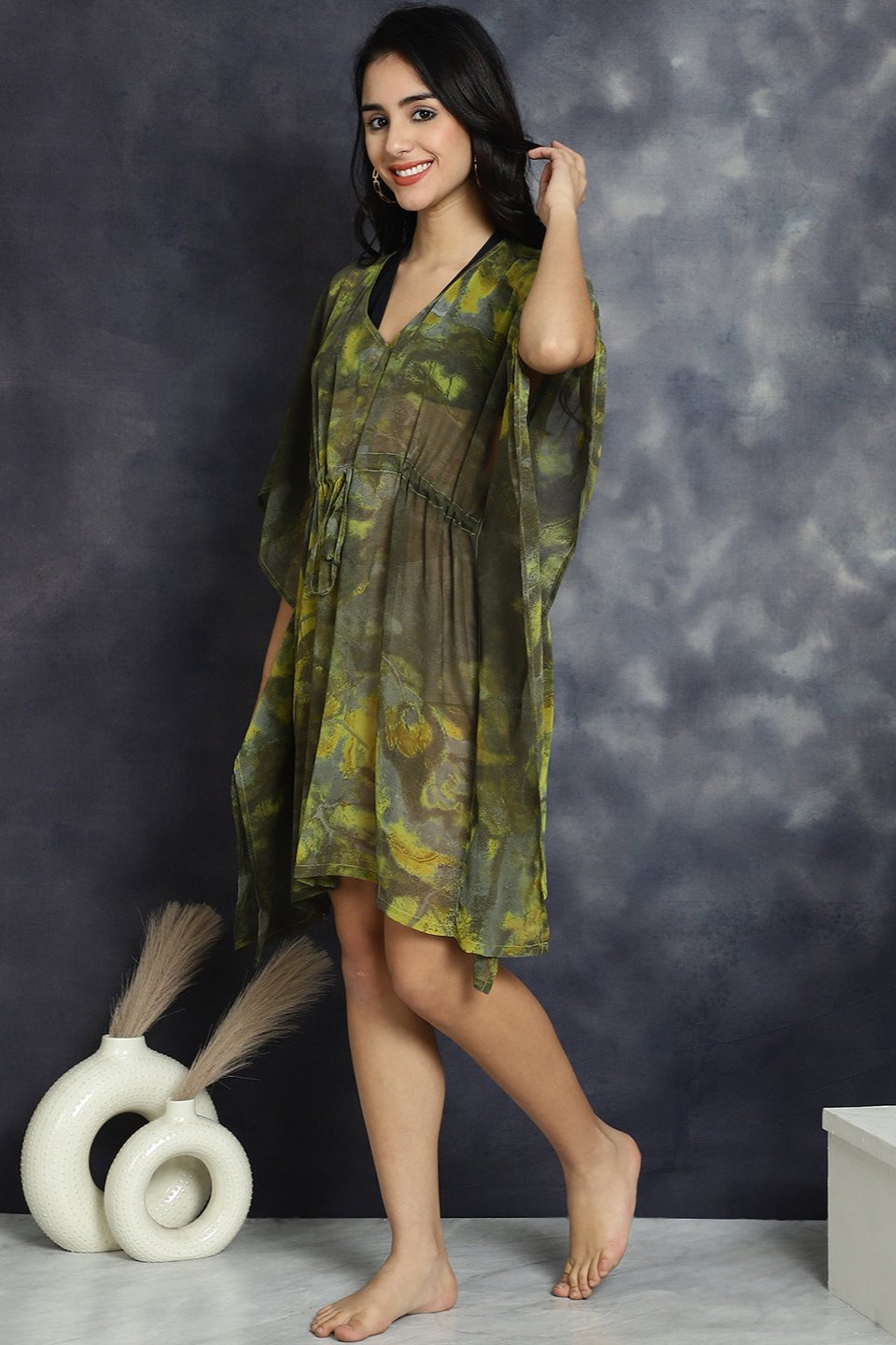 Green Color Abstract Printed Georgette Coverup Beachwear Kaftan For Woman