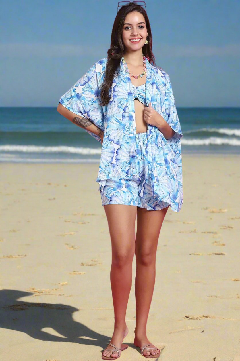 Sky Blue Color Floral Printed Viscose Rayon 3 pcs Coverup Set With Robe Beachwear For Woman
