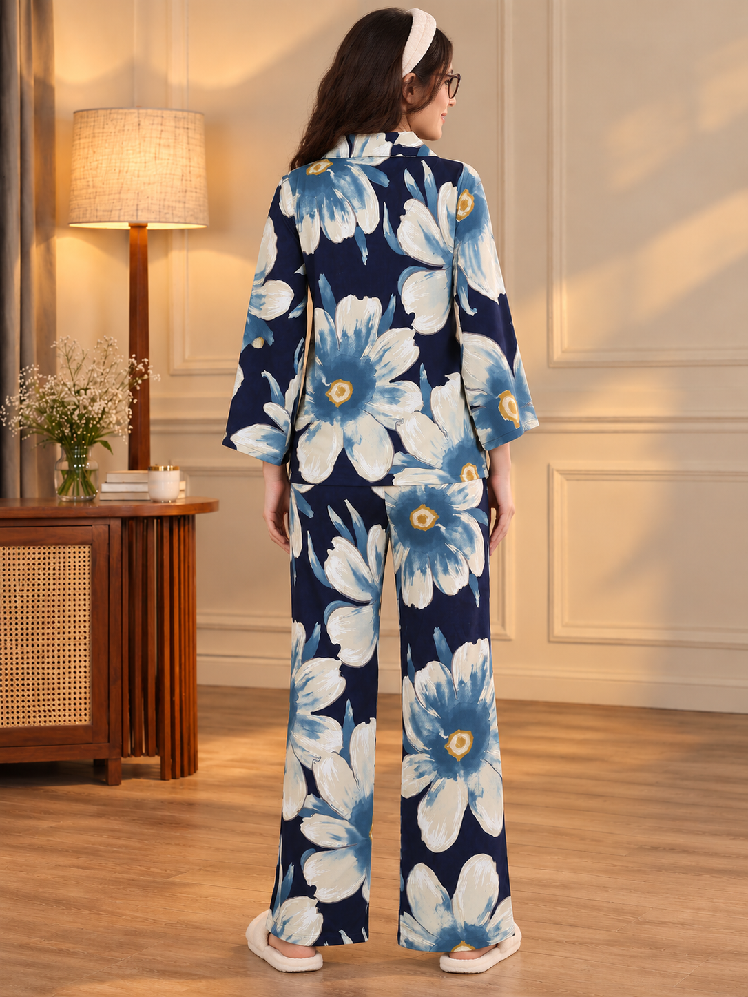 Blue Floral Viscose Rayon Night Suit for Women | Claura