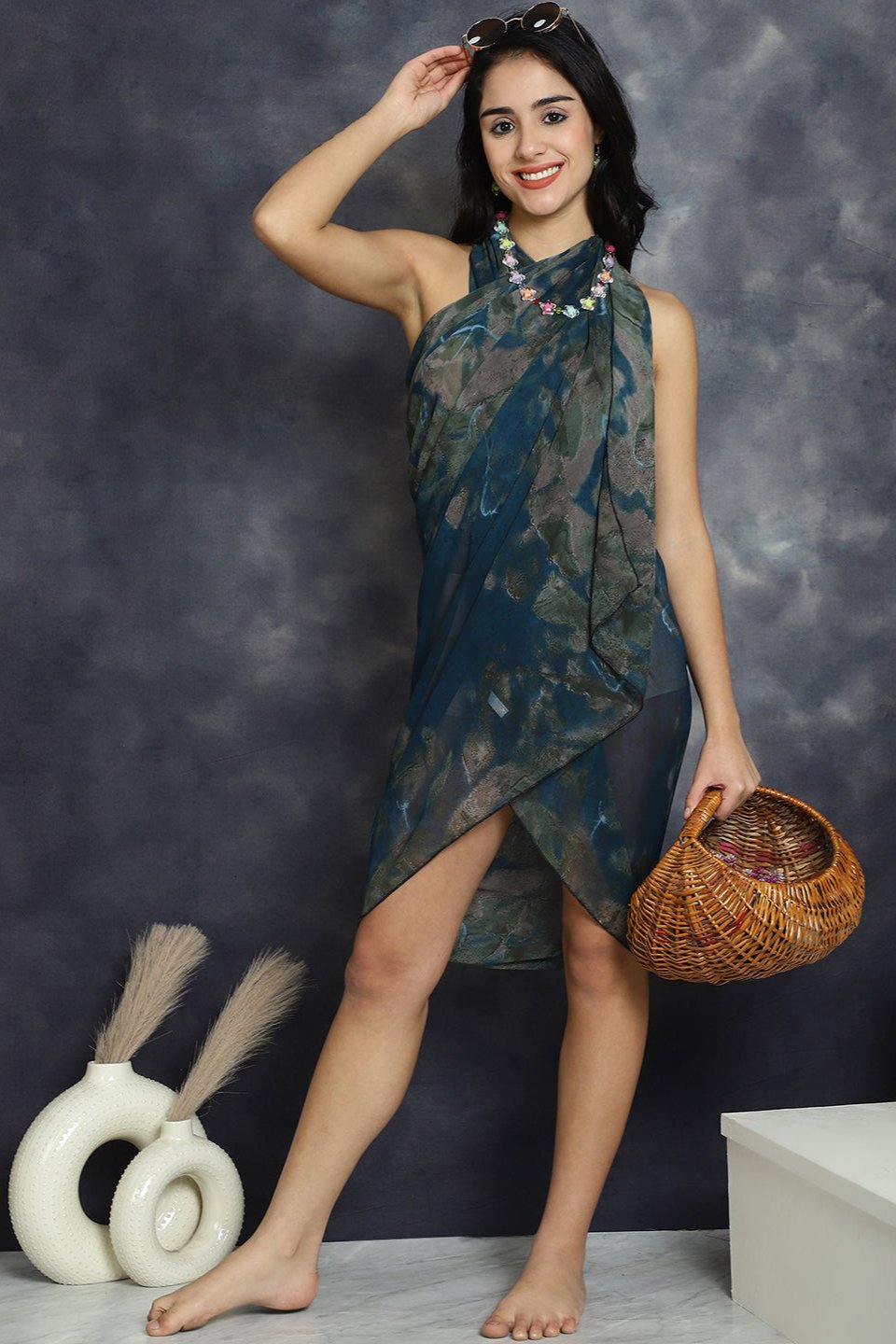 Navy Blue Color Abstract Printed Georgette Beachwear Cover Up Sarong