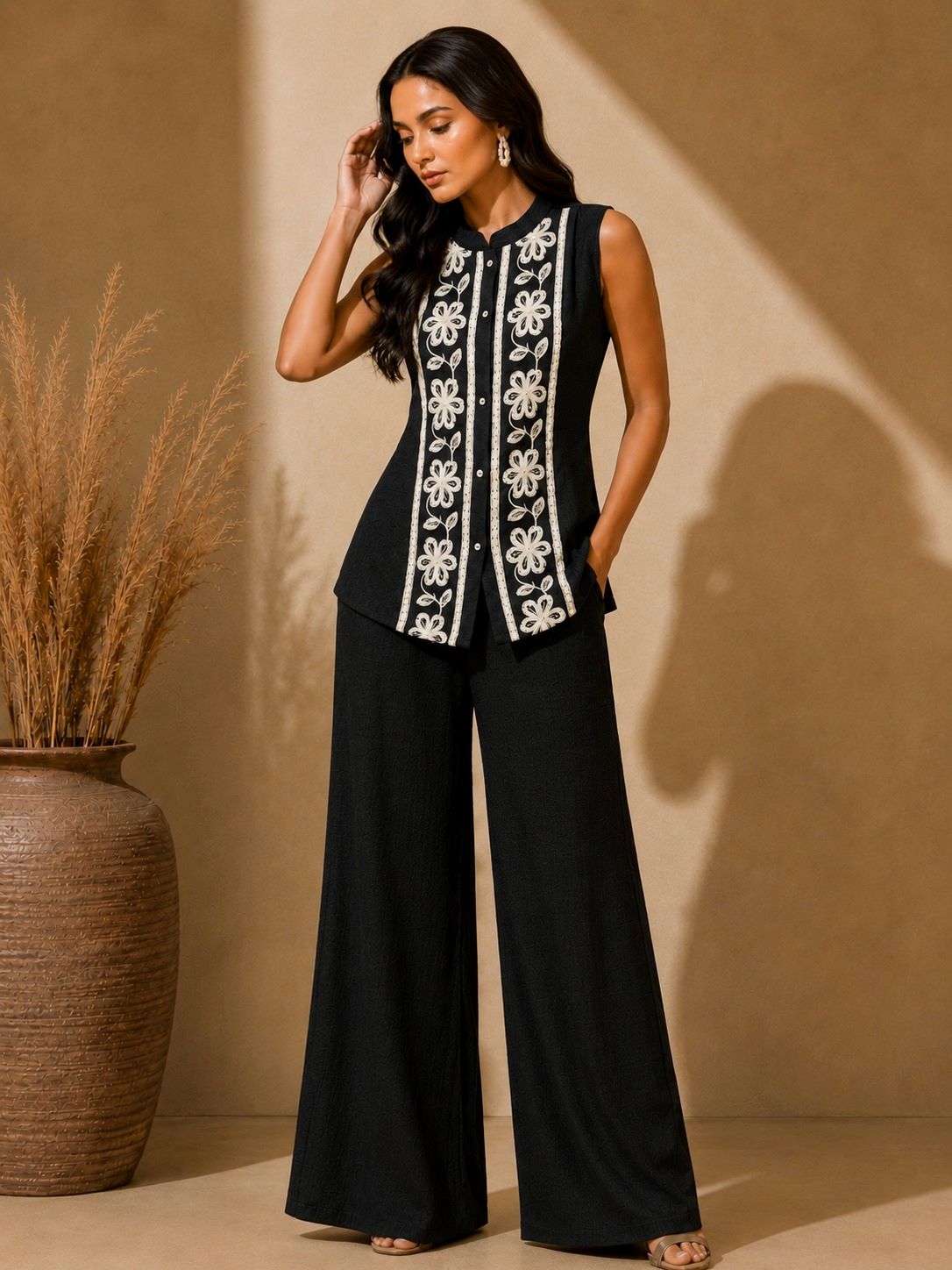 Black Embroidered Sleeveless Linen Top & Palazzo Set | Claura