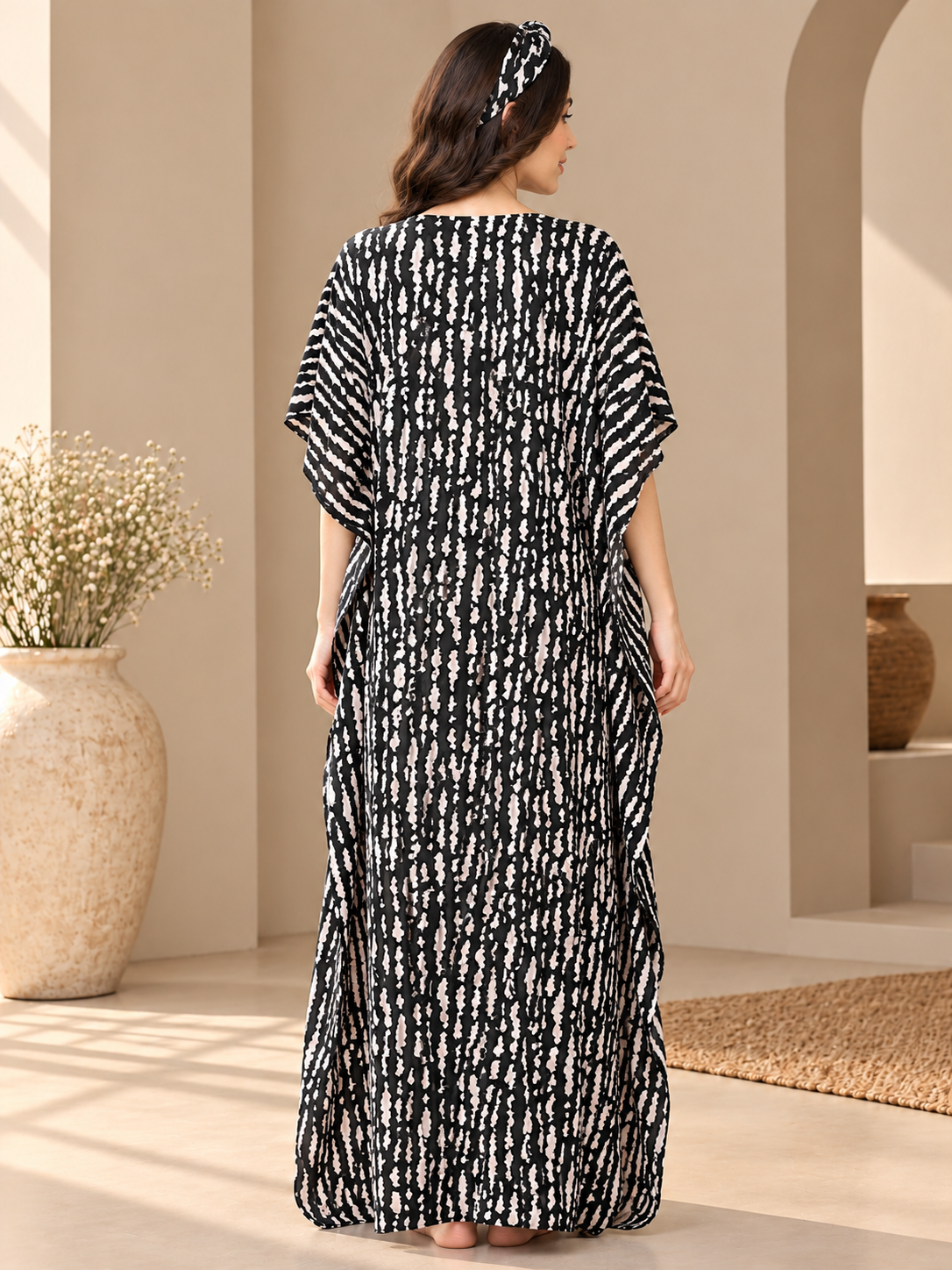 Black Stripe Rayon Kaftan Dress for Women | Claura