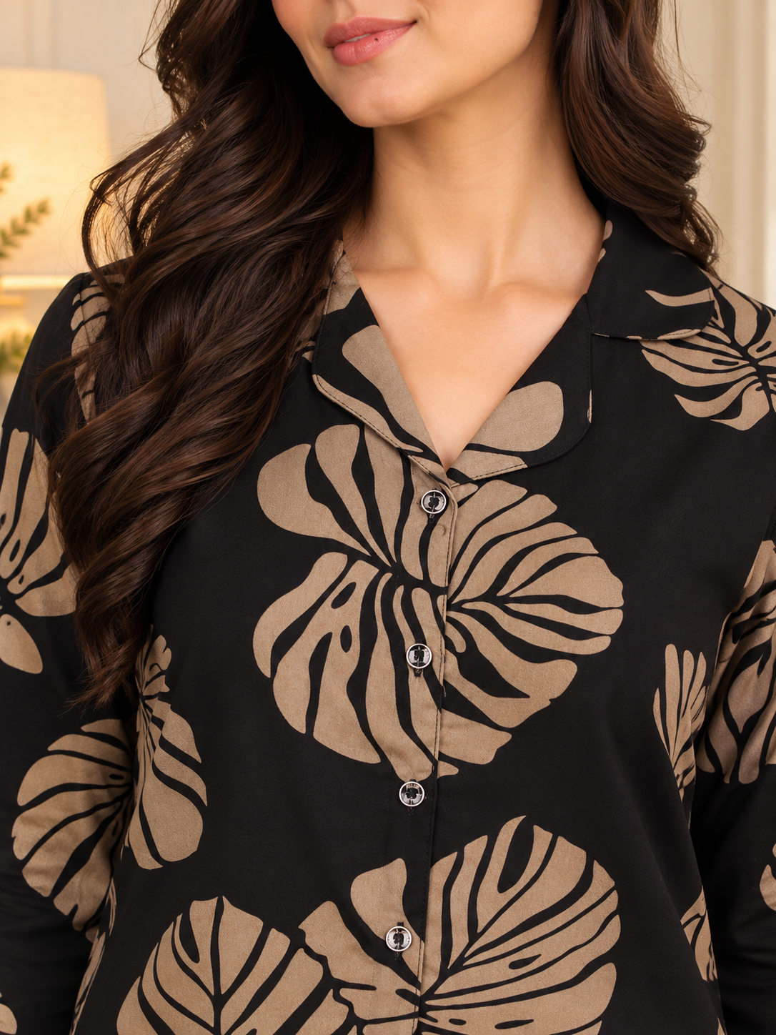 Black Leaf Printed Viscose Rayon Night Suit for Women | Claura