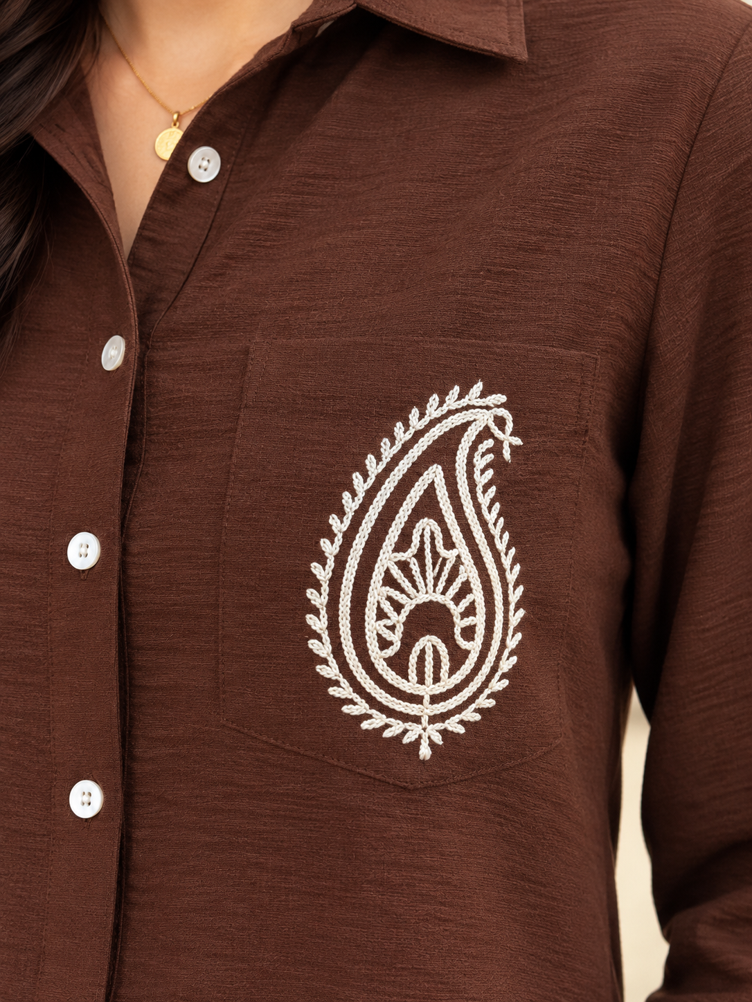 Coffee Coffee Linen Shirt with Embroidered Pocket & Palazzos | Claura