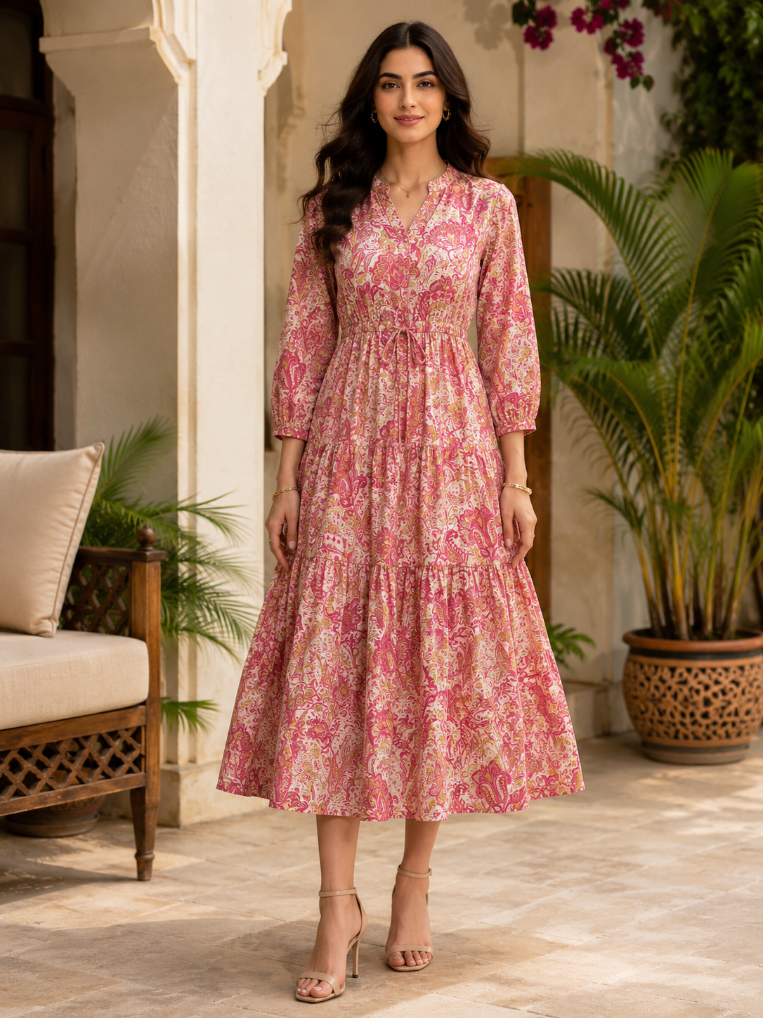 Pink Paisley Printed Gathered A-Line Midi Dress For Women | Claura