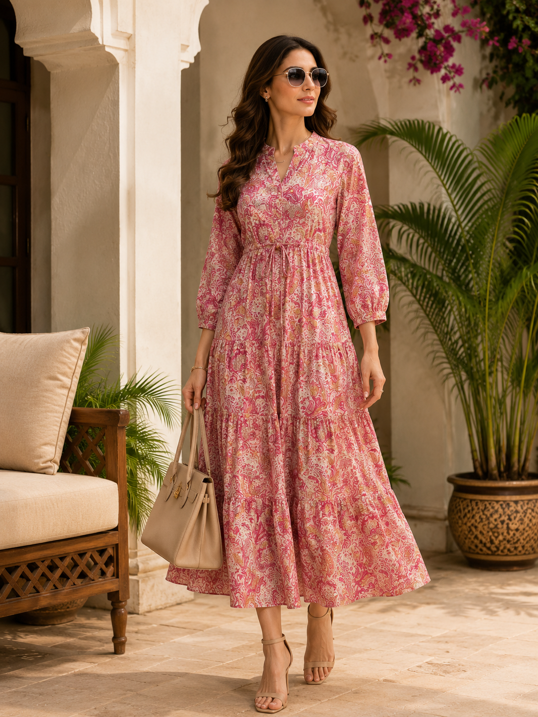 Pink Paisley Printed Gathered A-Line Midi Dress For Women | Claura