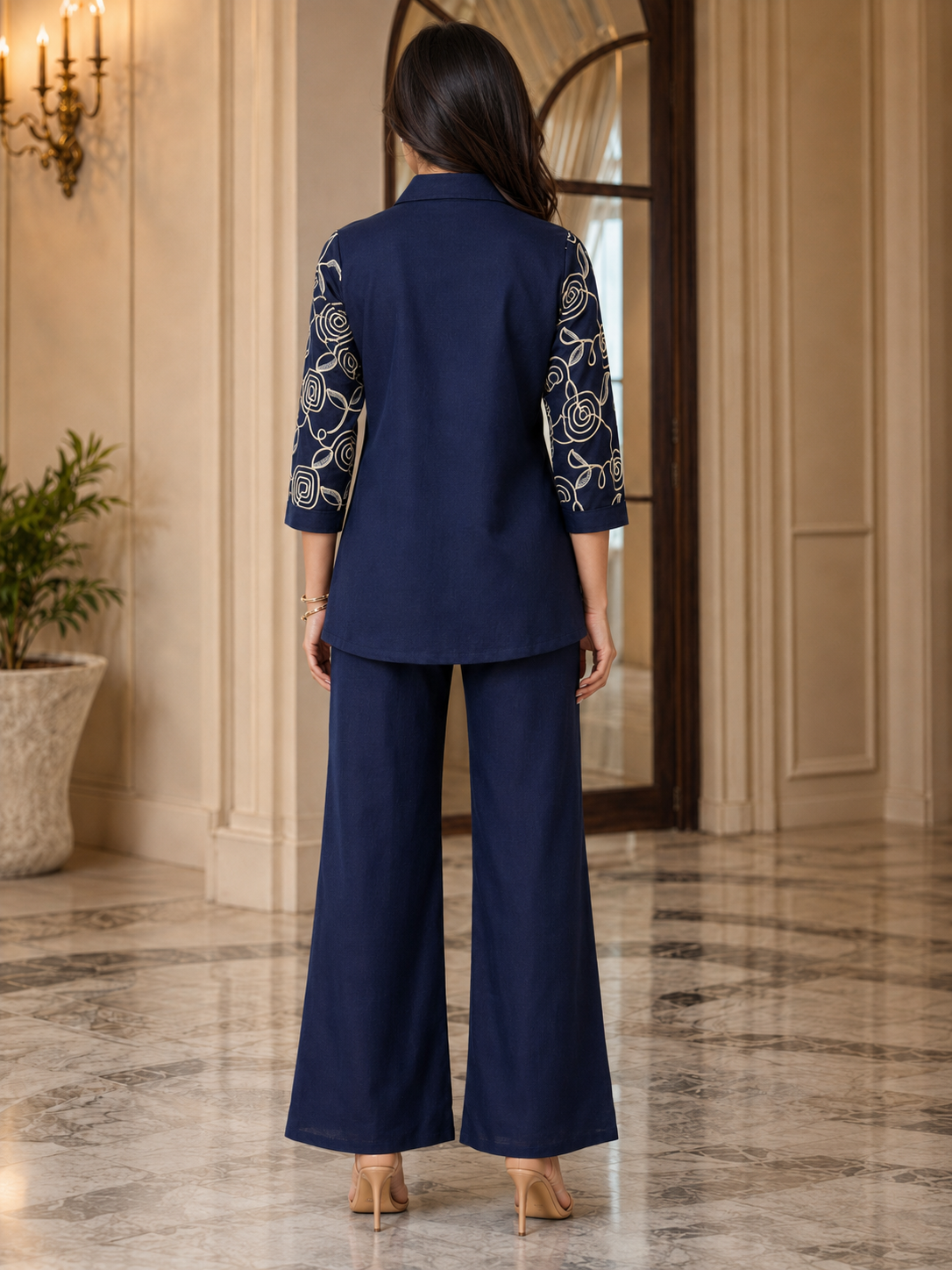 Navy Blue Floral Embroidered Linen Shirt-Style Tunic with Palazzos