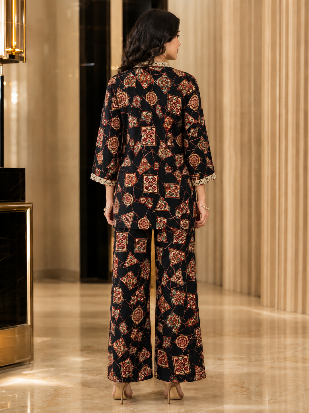Black Printed V-Neck Tunic with 3/4 Sleeves & Palazzos | Claura