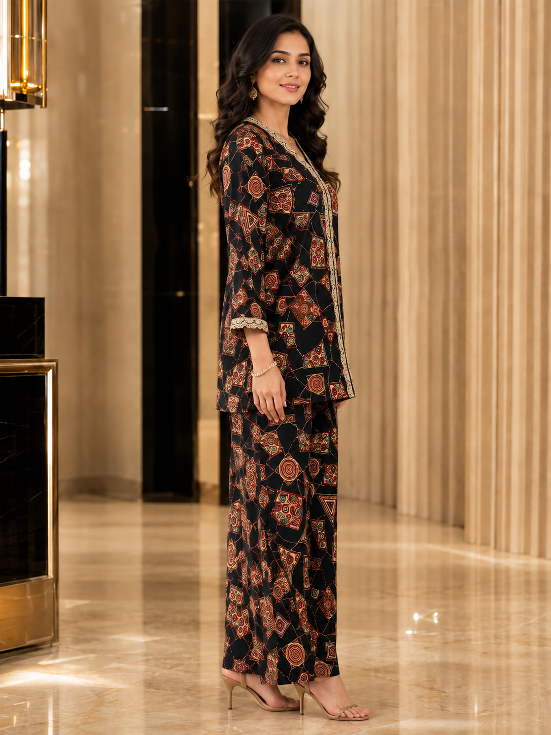 Black Printed V-Neck Tunic with 3/4 Sleeves & Palazzos | Claura