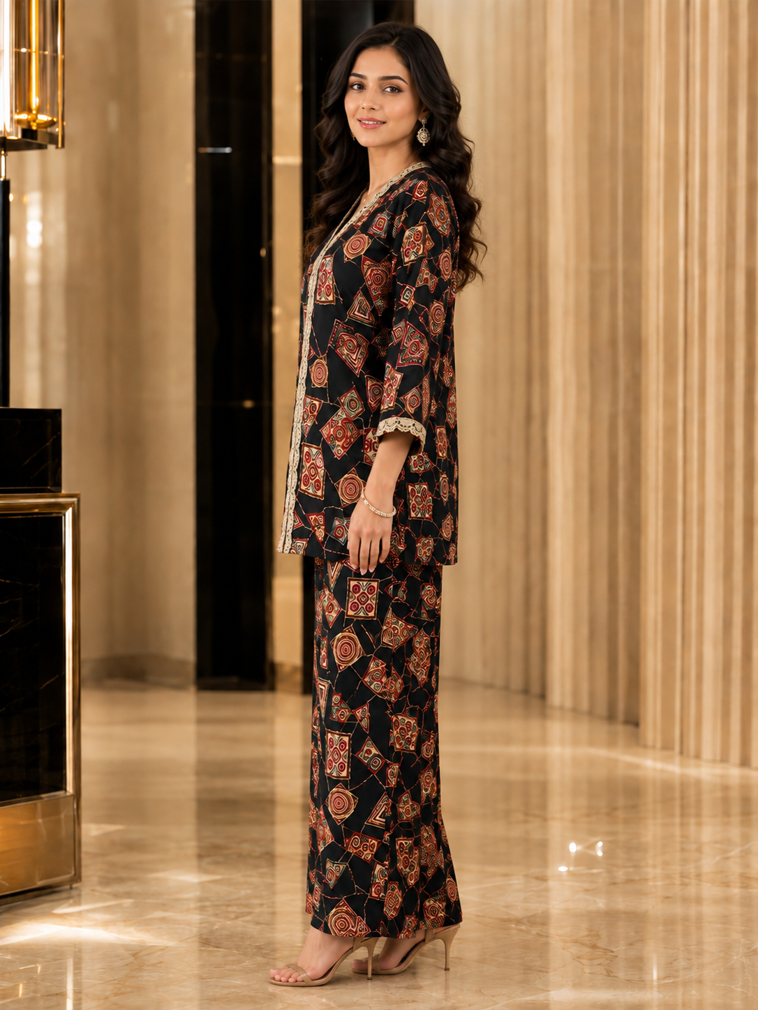 Black Printed V-Neck Tunic with 3/4 Sleeves & Palazzos | Claura