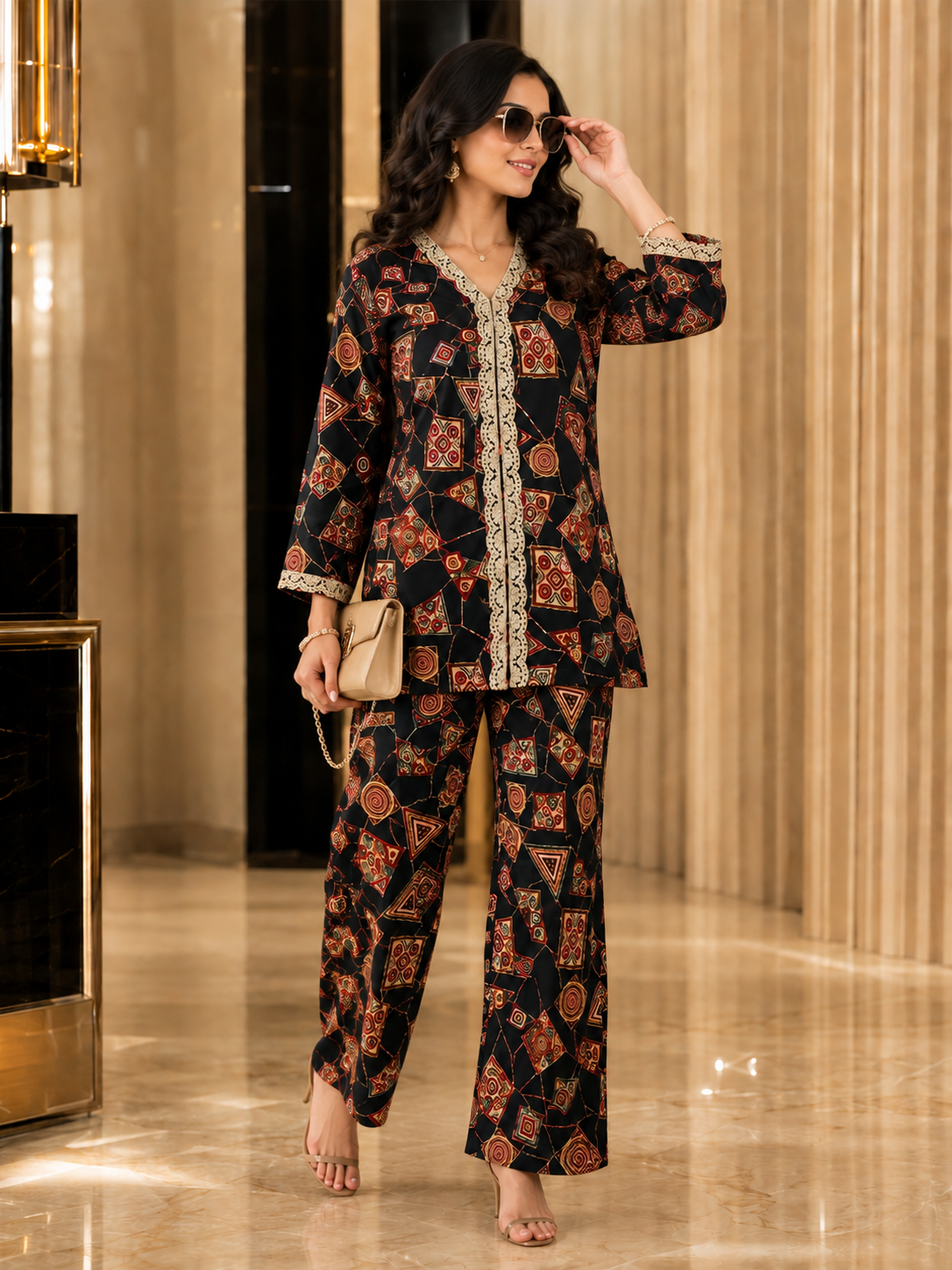 Black Printed V-Neck Tunic with 3/4 Sleeves & Palazzos | Claura