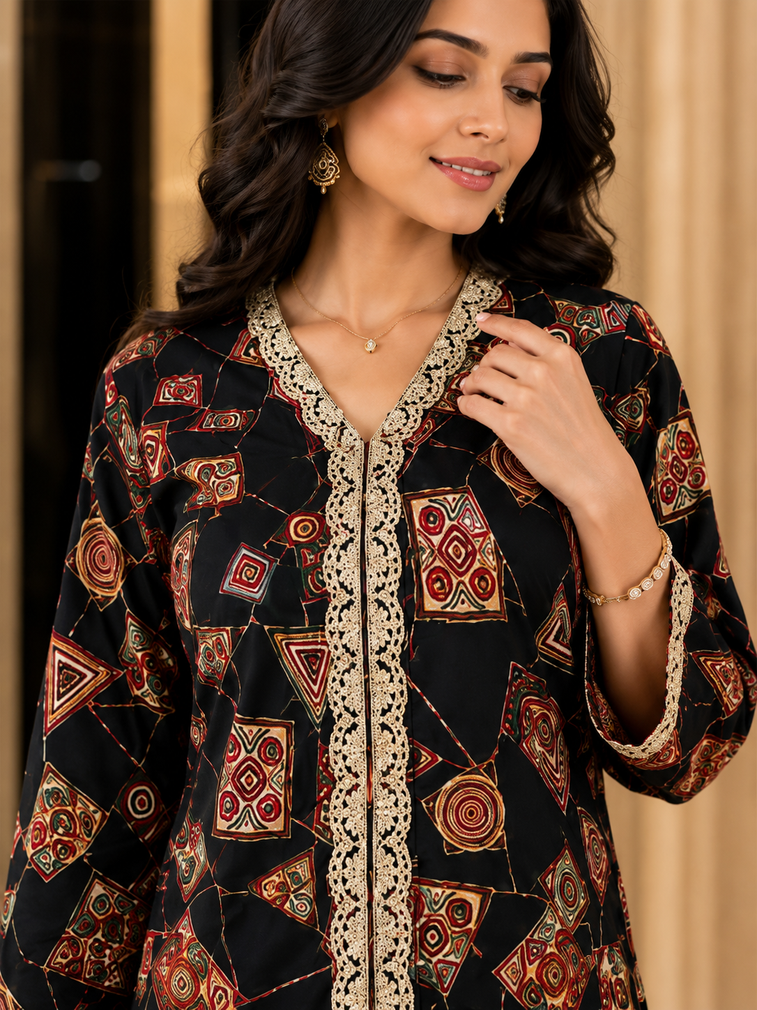 Black Printed V-Neck Tunic with 3/4 Sleeves & Palazzos | Claura