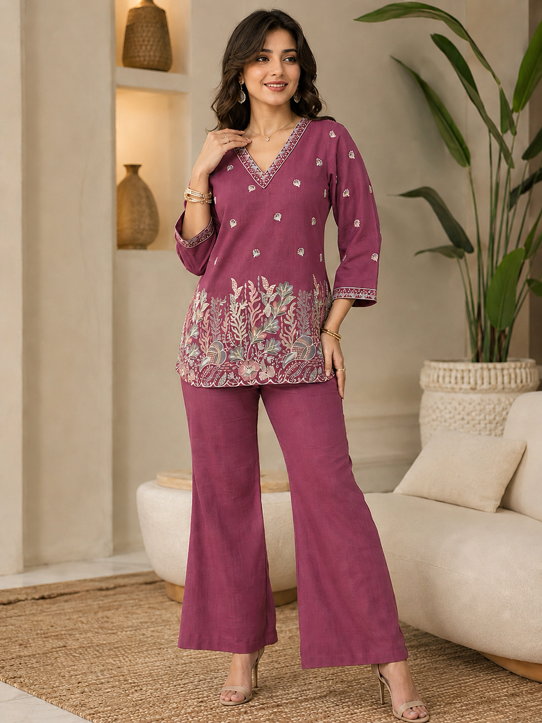 Purple Floral Embroidered Linen Tunic with Solid Palazzos Co-ord Set
