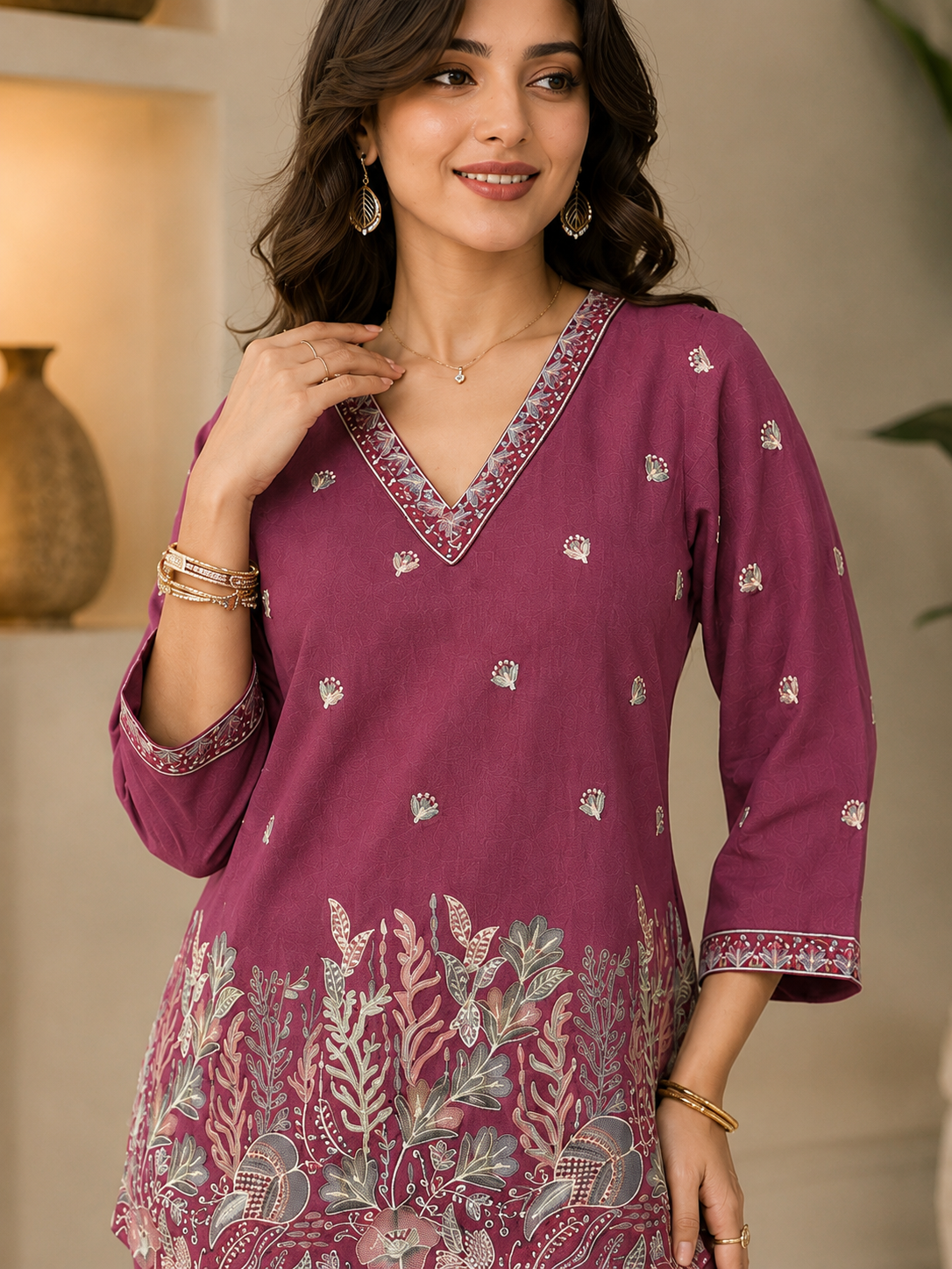 Purple Floral Embroidered Linen Tunic with Solid Palazzos Co-ord Set