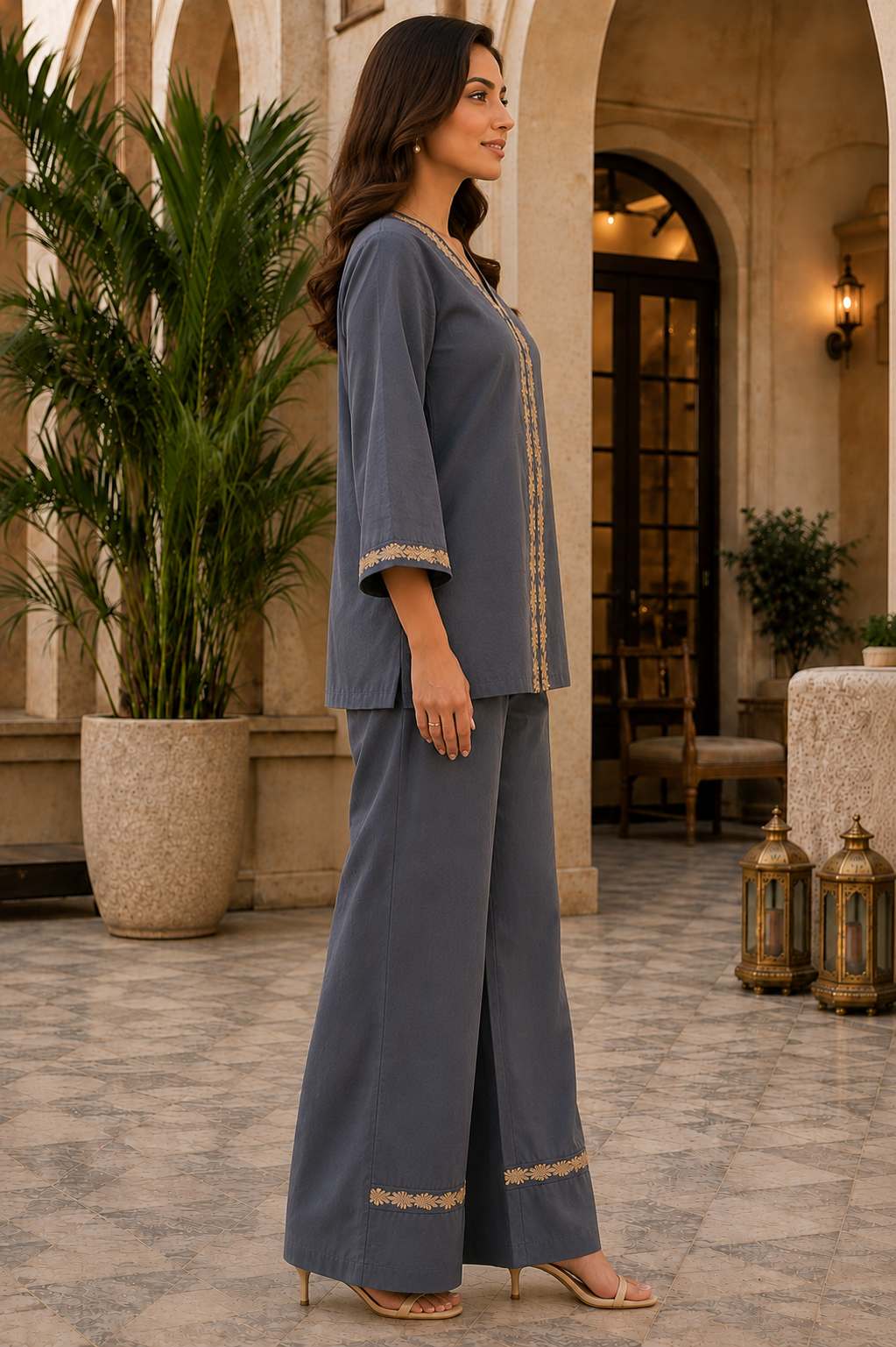 Grey Embroidered V-Neck Tunic with Palazzos Co-Ord Set | Claura