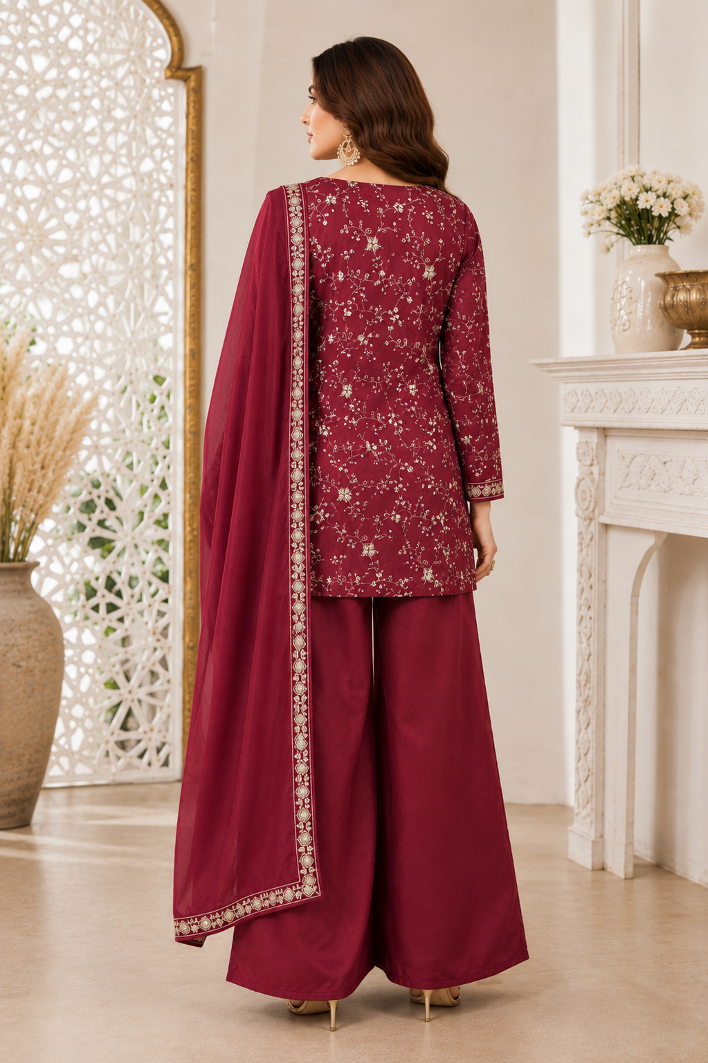 Wine Zari Floral Embroidered Silk Blend Kurta Set with Sharara & Dupatta