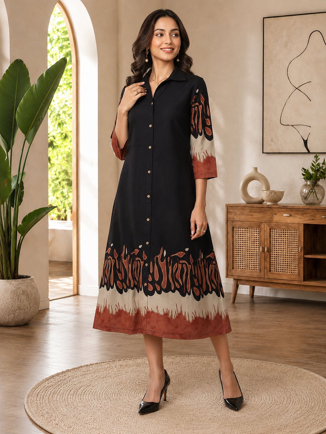 Black Abstract Printed Shirt Collar Midi Dress | Claura