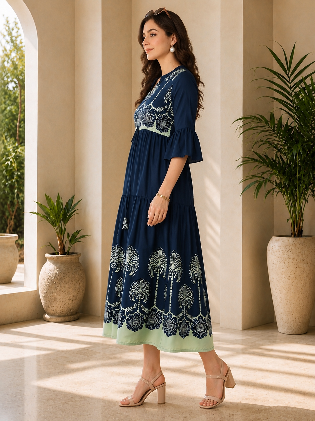 Blue Ethnic Motifs Printed Rayon A-Line Midi Dress | Claura
