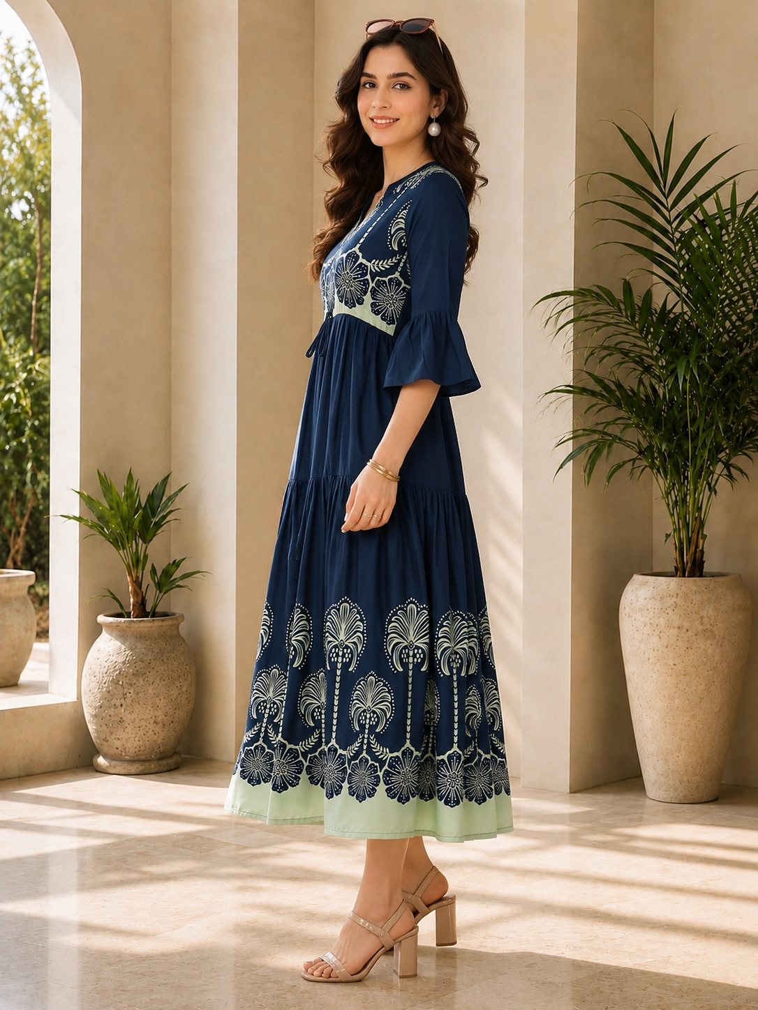 Blue Ethnic Motifs Printed Rayon A-Line Midi Dress | Claura
