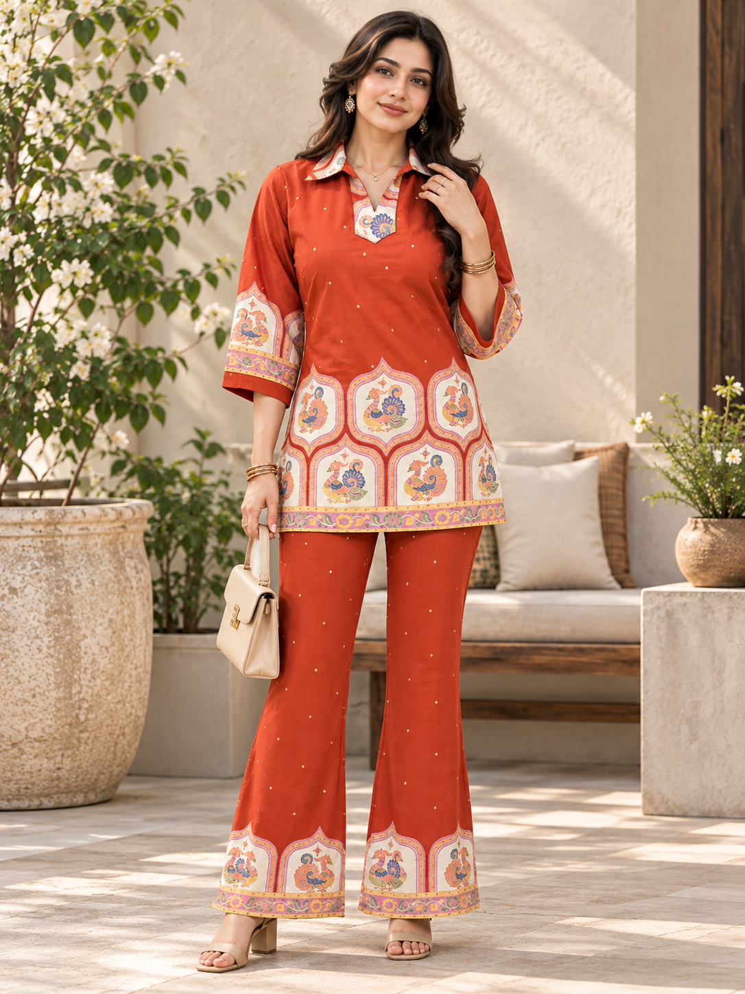 Orange  with Cream Tunic Floral Printed Palazzos Set | Claura