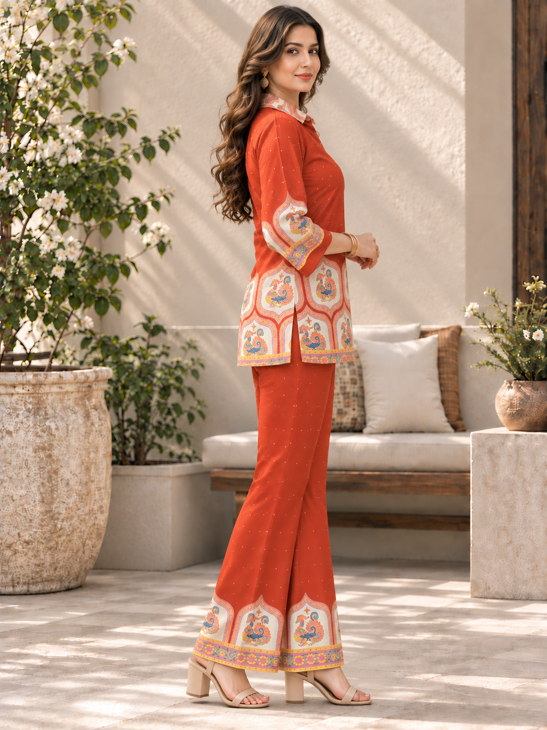 Orange  with Cream Tunic Floral Printed Palazzos Set | Claura