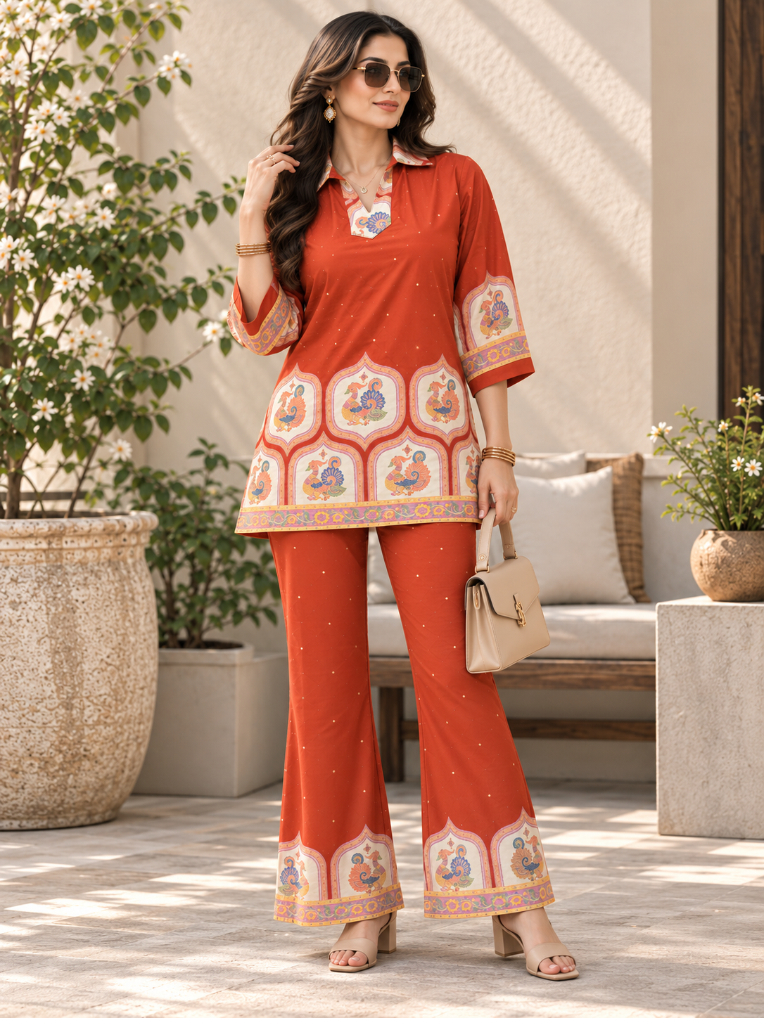 Orange  with Cream Tunic Floral Printed Palazzos Set | Claura
