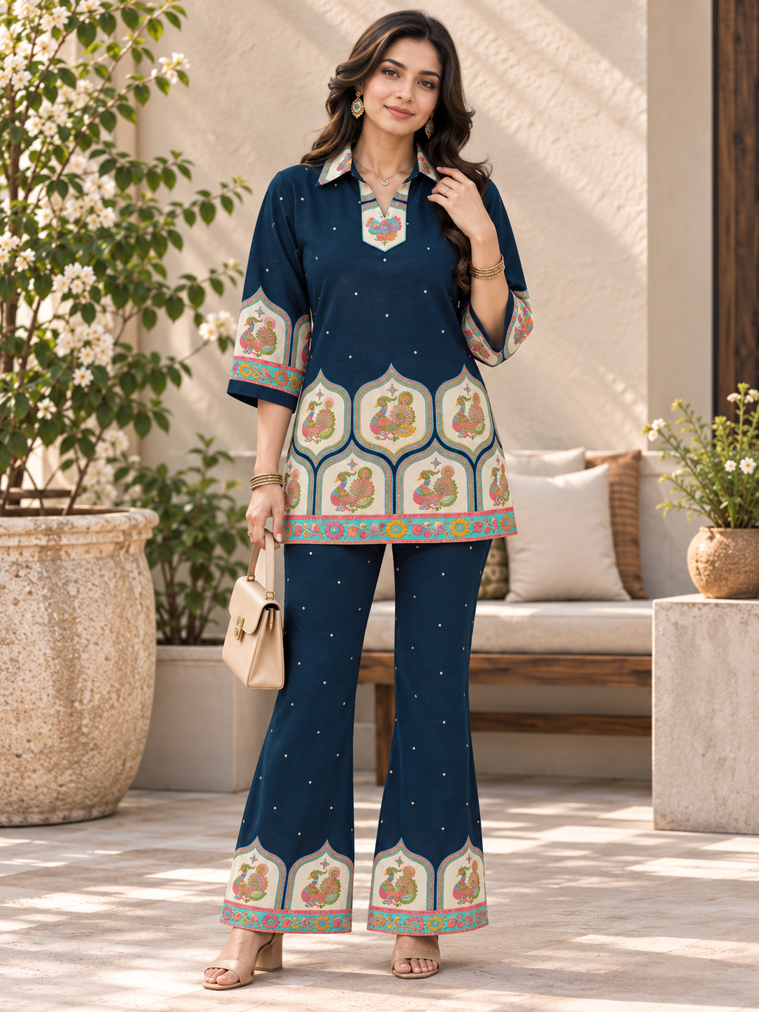 Navy Blue Floral Printed Tunic with Palazzos Set for women | Claura