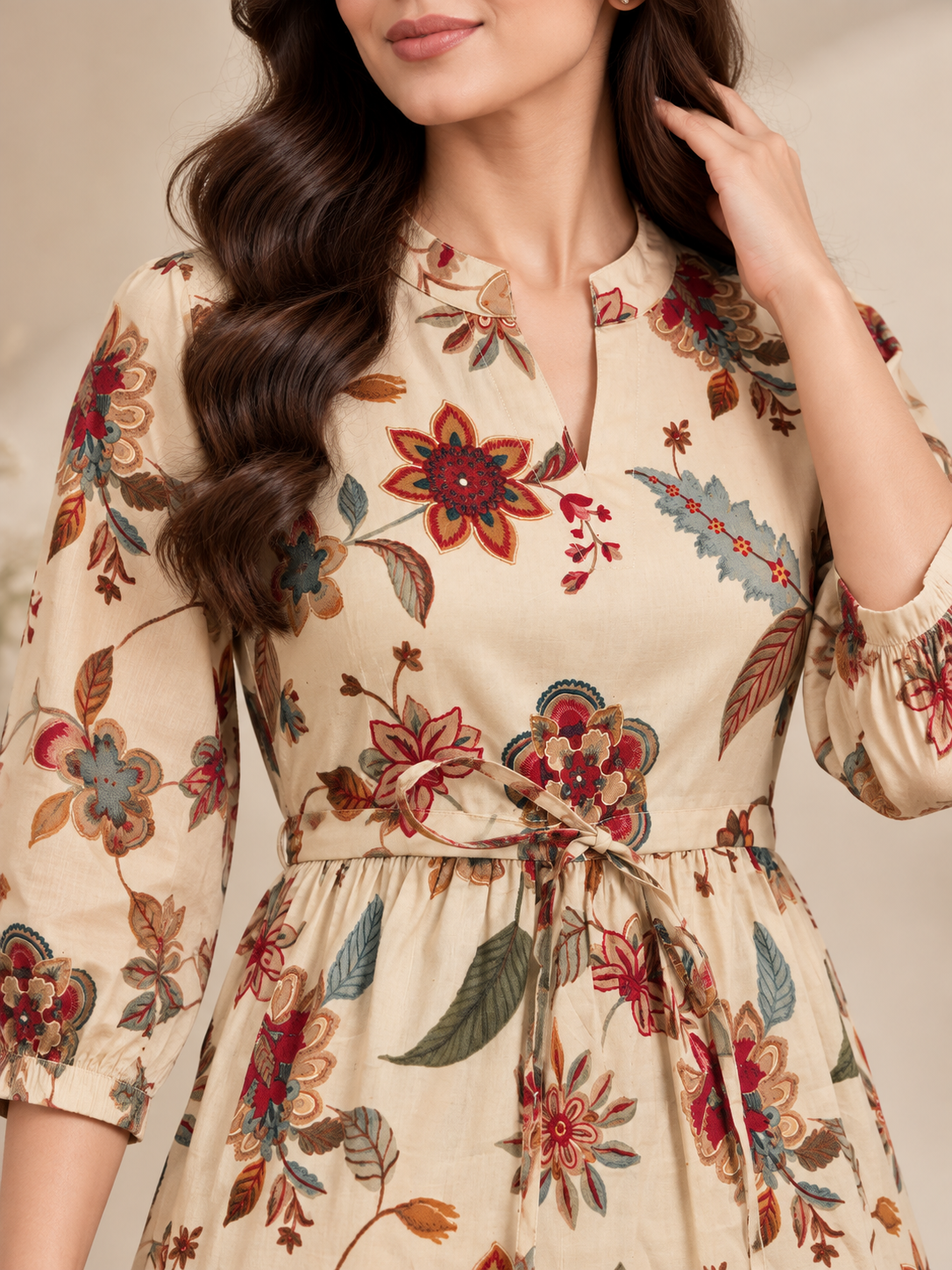 Cream Floral Printed Gathered A-Line Midi Dress | Claura
