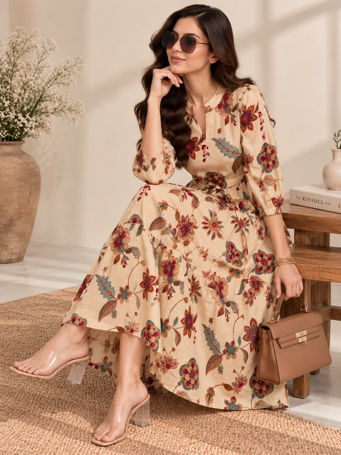 Cream Floral Printed Gathered A-Line Midi Dress | Claura