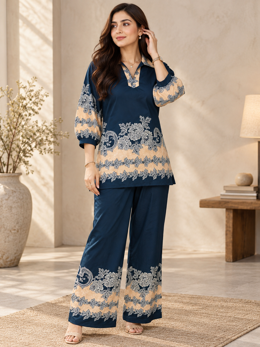 Navy Blue & Beige Floral Printed Tunic with Matching Palazzo Set | Claura