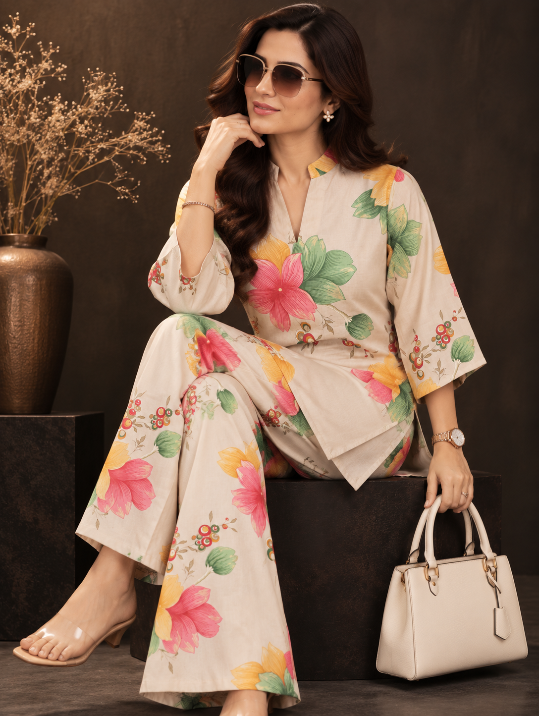 Multicolour Floral Reverie Printed Tunic with Palazzos | Claura