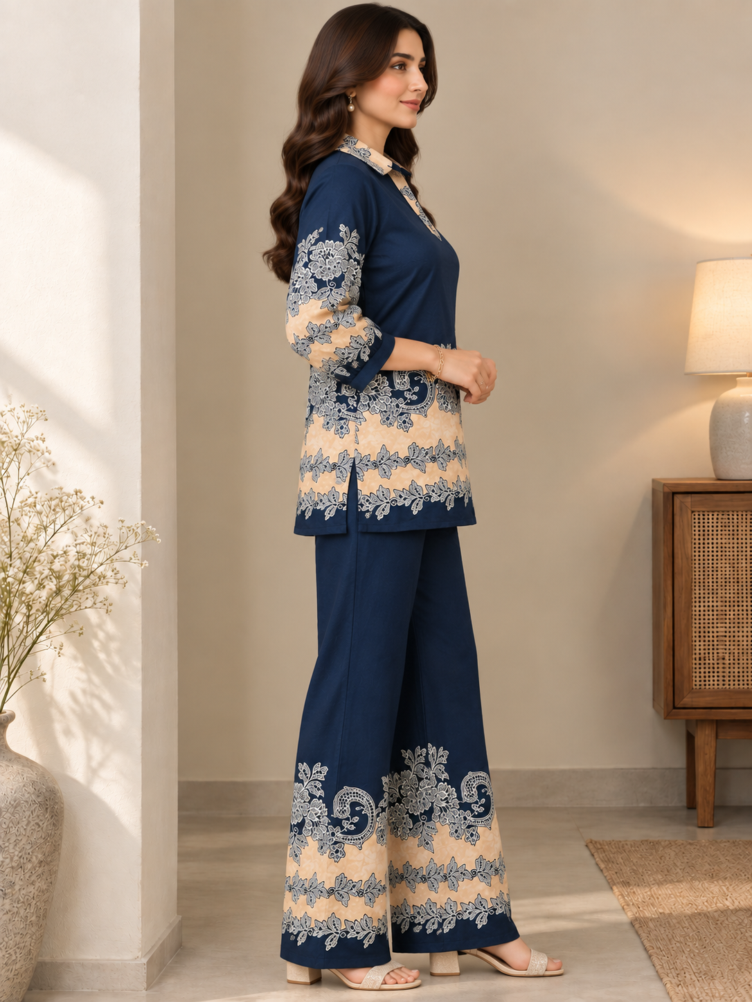 Navy Blue & Beige Floral Printed Tunic with Matching Palazzo Set | Claura