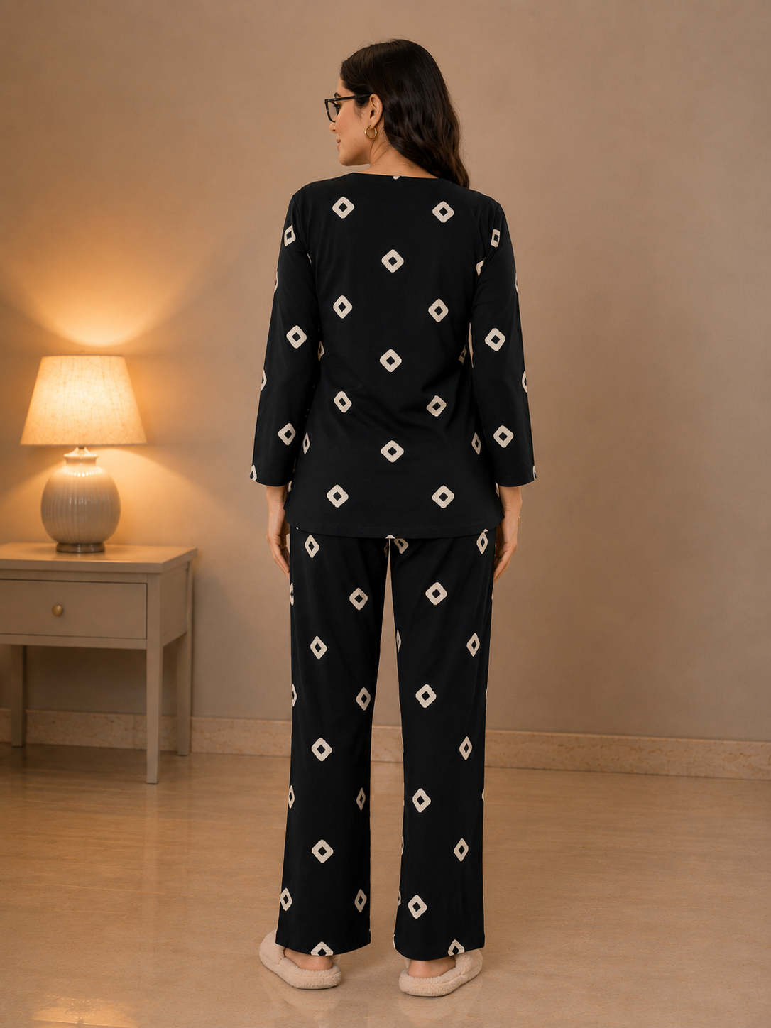 Black Ivory Motif V-Neck Rayon Night Suit For Women | Women