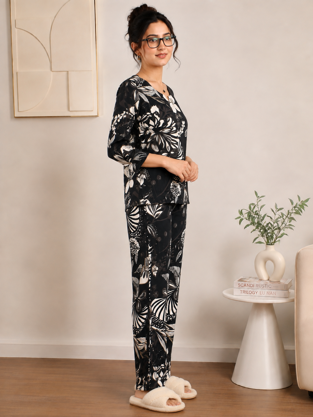 Black Floral Printed Night Suit with V-Neck For Women | Claura